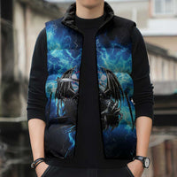 Custom Grim Reaper Bowling Sleeveless Puffer Jacket with Blue Lightning Background - Wonder Print Shop