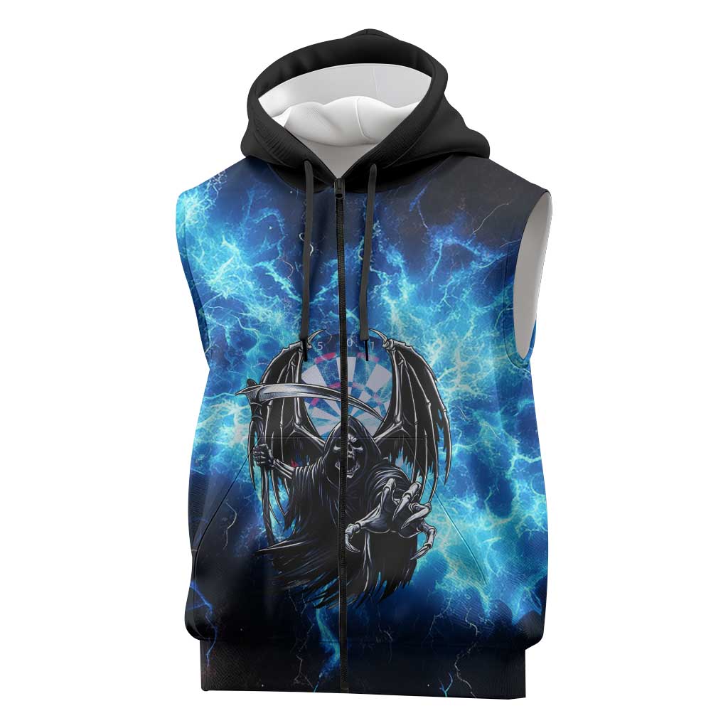 Custom Grim Reaper Bowling Sleeveless Zip Hoodie with Blue Lightning Background - Wonder Print Shop