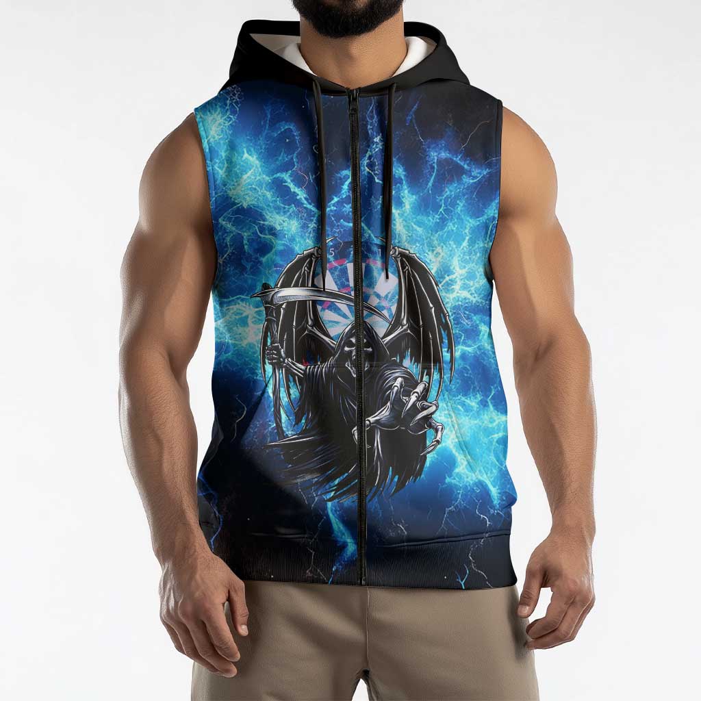Custom Grim Reaper Bowling Sleeveless Zip Hoodie with Blue Lightning Background - Wonder Print Shop