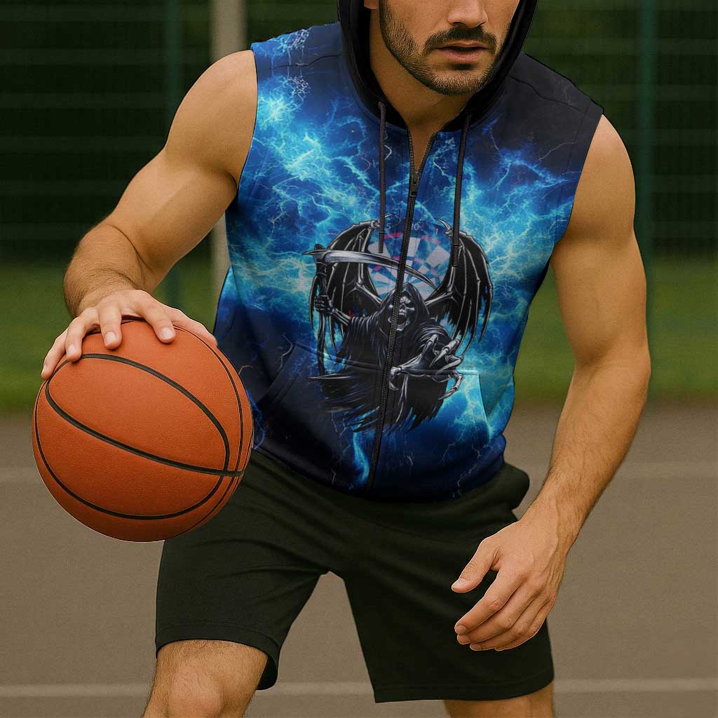 Custom Grim Reaper Bowling Sleeveless Zip Hoodie with Blue Lightning Background - Wonder Print Shop