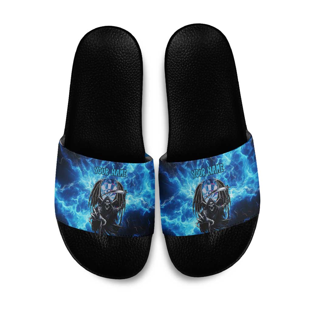 Custom Grim Reaper Bowling Slide Sandals with Blue Lightning Background - Wonder Print Shop