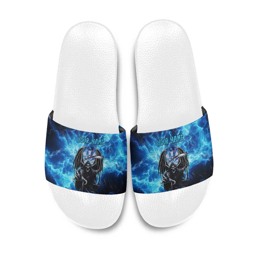 Custom Grim Reaper Bowling Slide Sandals with Blue Lightning Background - Wonder Print Shop