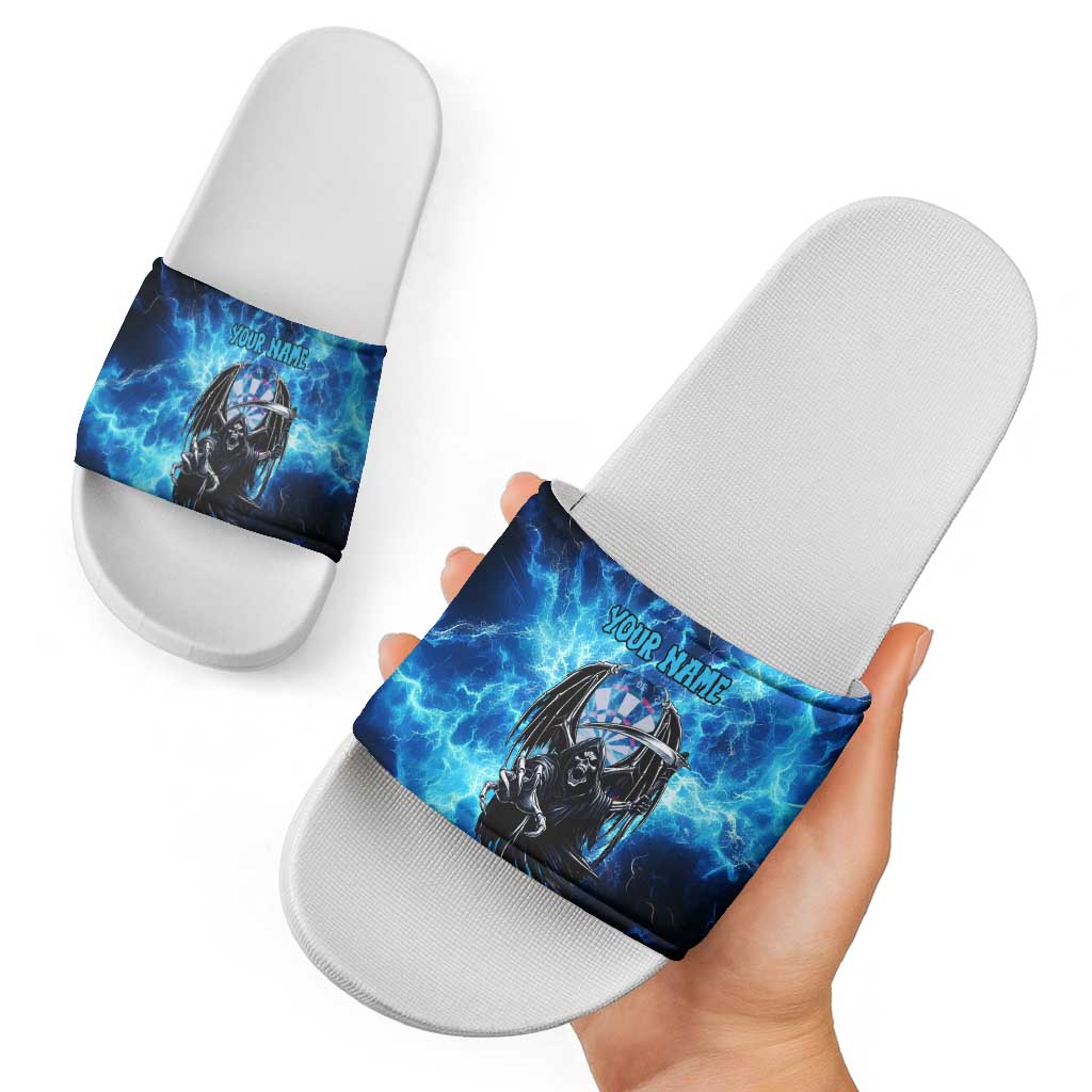 Custom Grim Reaper Bowling Slide Sandals with Blue Lightning Background - Wonder Print Shop