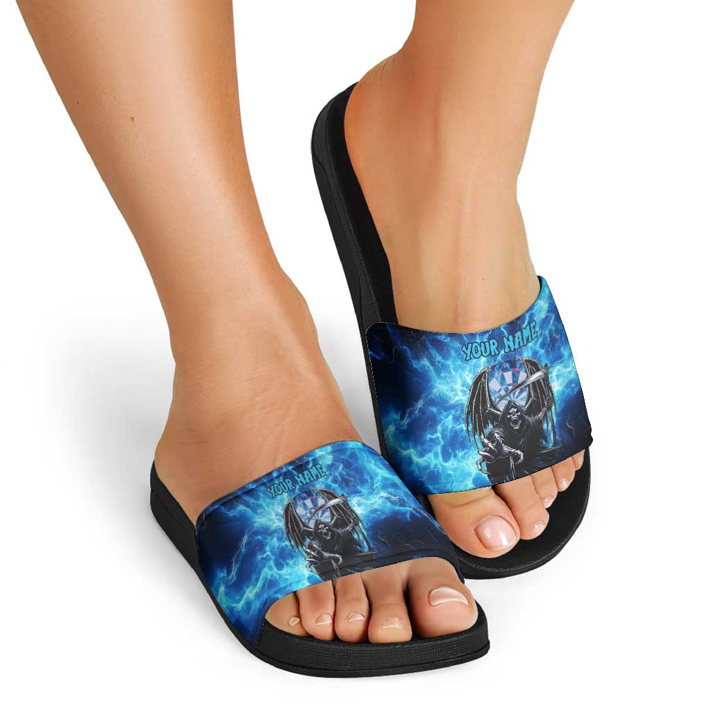 Custom Grim Reaper Bowling Slide Sandals with Blue Lightning Background - Wonder Print Shop