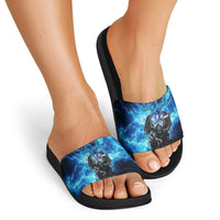 Custom Grim Reaper Bowling Slide Sandals with Blue Lightning Background - Wonder Print Shop