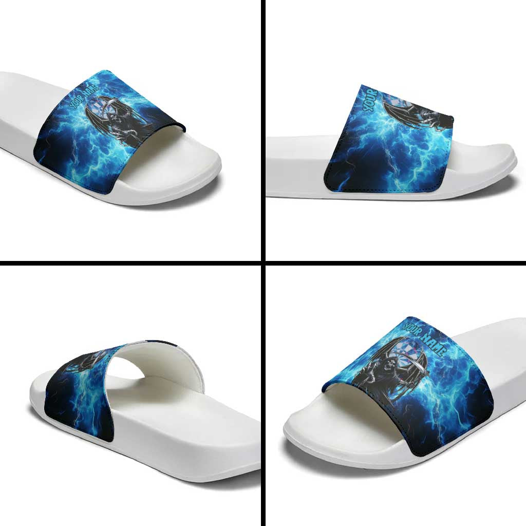 Custom Grim Reaper Bowling Slide Sandals with Blue Lightning Background - Wonder Print Shop
