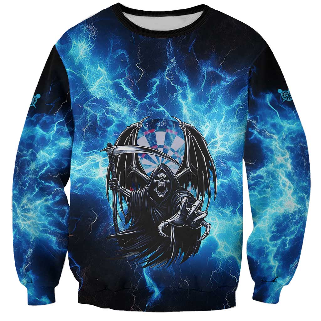 Custom Grim Reaper Bowling Sweatshirt with Blue Lightning Background - Wonder Print Shop