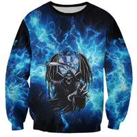 Custom Grim Reaper Bowling Sweatshirt with Blue Lightning Background - Wonder Print Shop