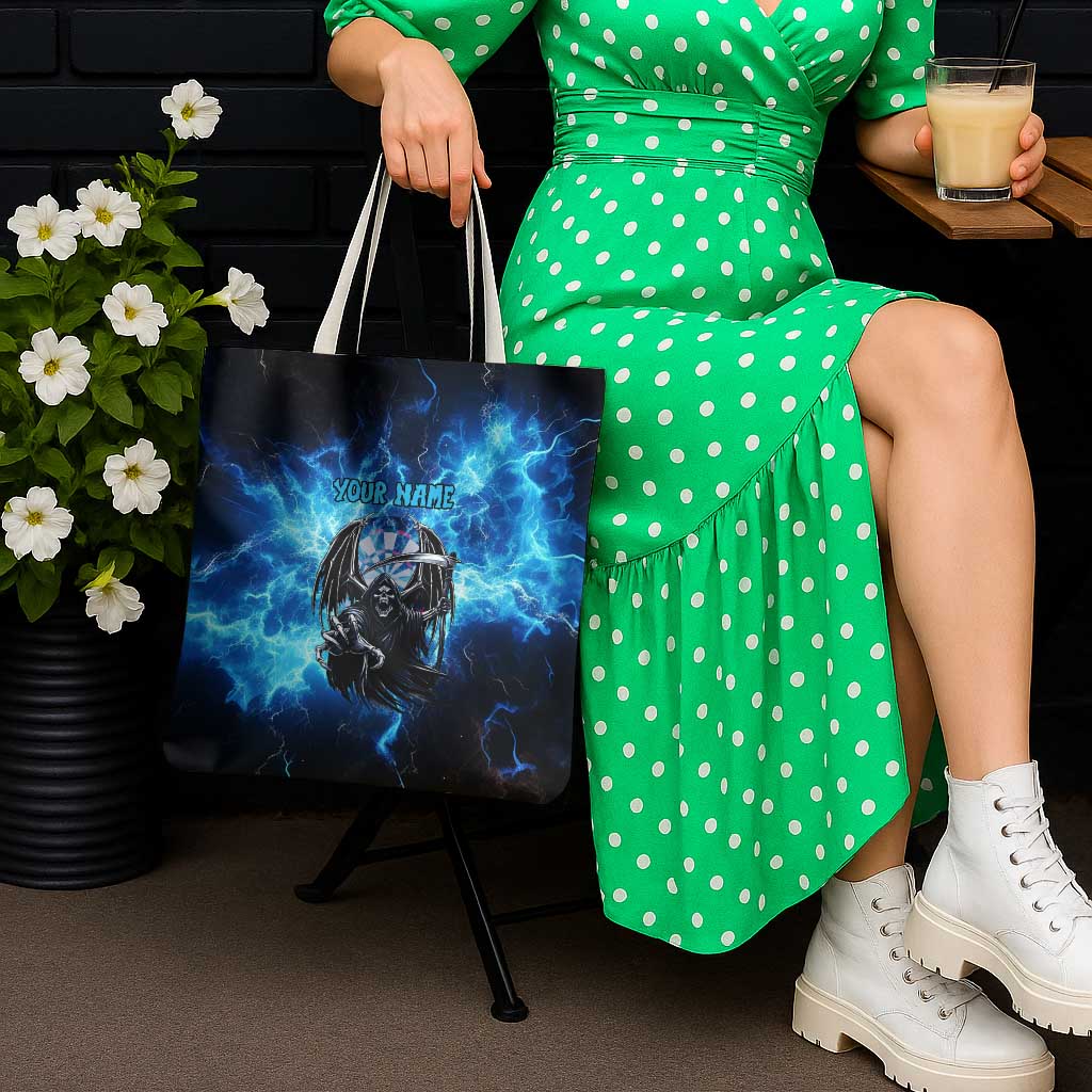 Custom Grim Reaper Bowling Tote Bag with Blue Lightning Background - Wonder Print Shop