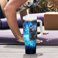 Custom Grim Reaper Bowling Tumbler With Handle with Blue Lightning Background - Wonder Print Shop