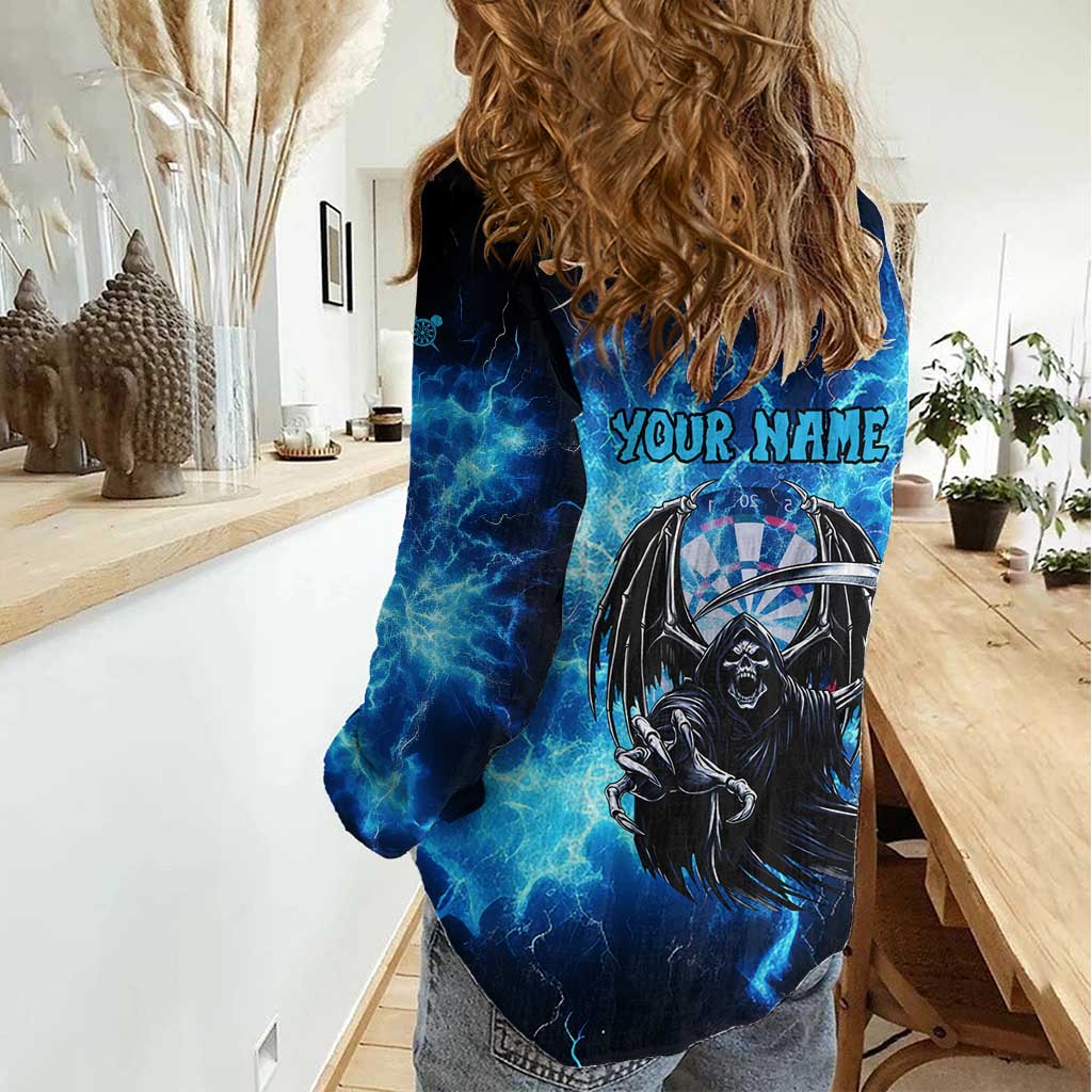 Custom Grim Reaper Bowling Women Casual Shirt with Blue Lightning Background - Wonder Print Shop