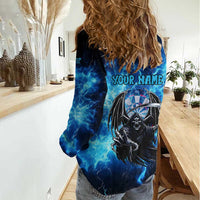 Custom Grim Reaper Bowling Women Casual Shirt with Blue Lightning Background - Wonder Print Shop
