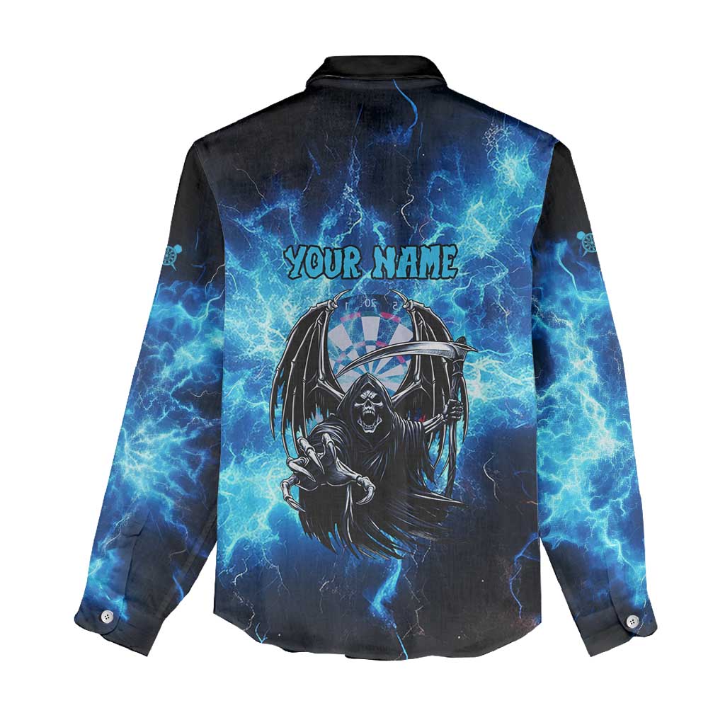 Custom Grim Reaper Bowling Women Casual Shirt with Blue Lightning Background - Wonder Print Shop