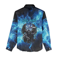 Custom Grim Reaper Bowling Women Casual Shirt with Blue Lightning Background - Wonder Print Shop