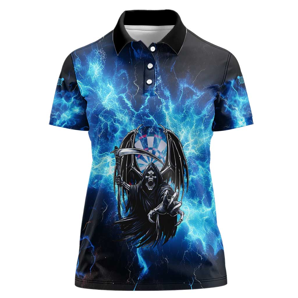 Custom Grim Reaper Bowling Women Polo Shirt with Blue Lightning Background - Wonder Print Shop