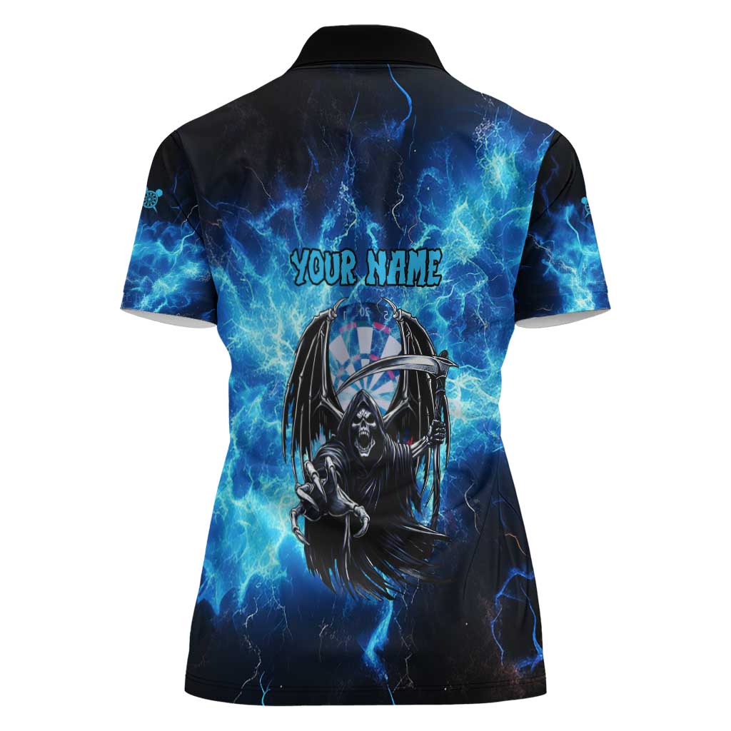 Custom Grim Reaper Bowling Women Polo Shirt with Blue Lightning Background - Wonder Print Shop