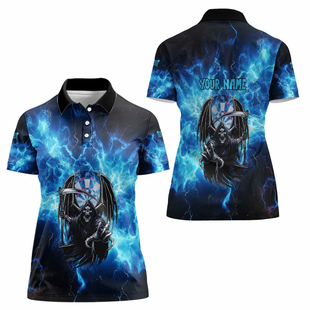 Custom Grim Reaper Bowling Women Polo Shirt with Blue Lightning Background - Wonder Print Shop