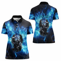 Custom Grim Reaper Bowling Women Polo Shirt with Blue Lightning Background - Wonder Print Shop