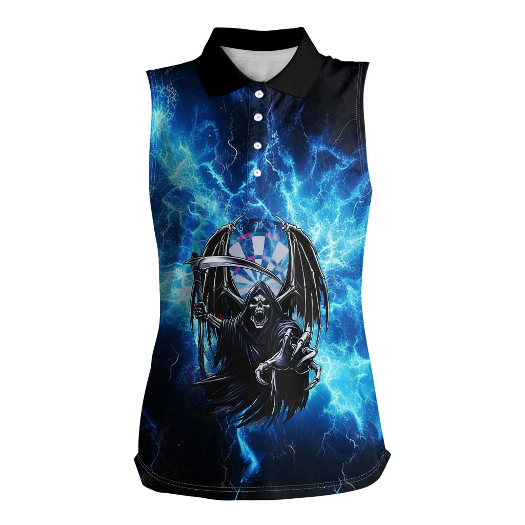 Custom Grim Reaper Bowling Women Sleeveless Polo Shirt with Blue Lightning Background - Wonder Print Shop