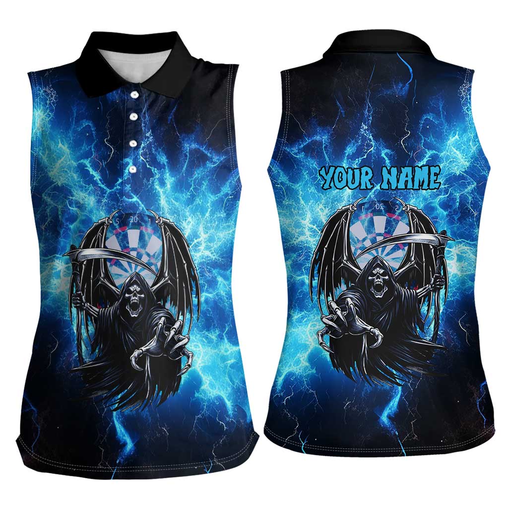 Custom Grim Reaper Bowling Women Sleeveless Polo Shirt with Blue Lightning Background - Wonder Print Shop