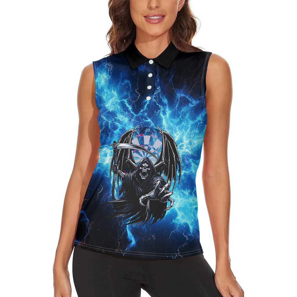 Custom Grim Reaper Bowling Women Sleeveless Polo Shirt with Blue Lightning Background - Wonder Print Shop