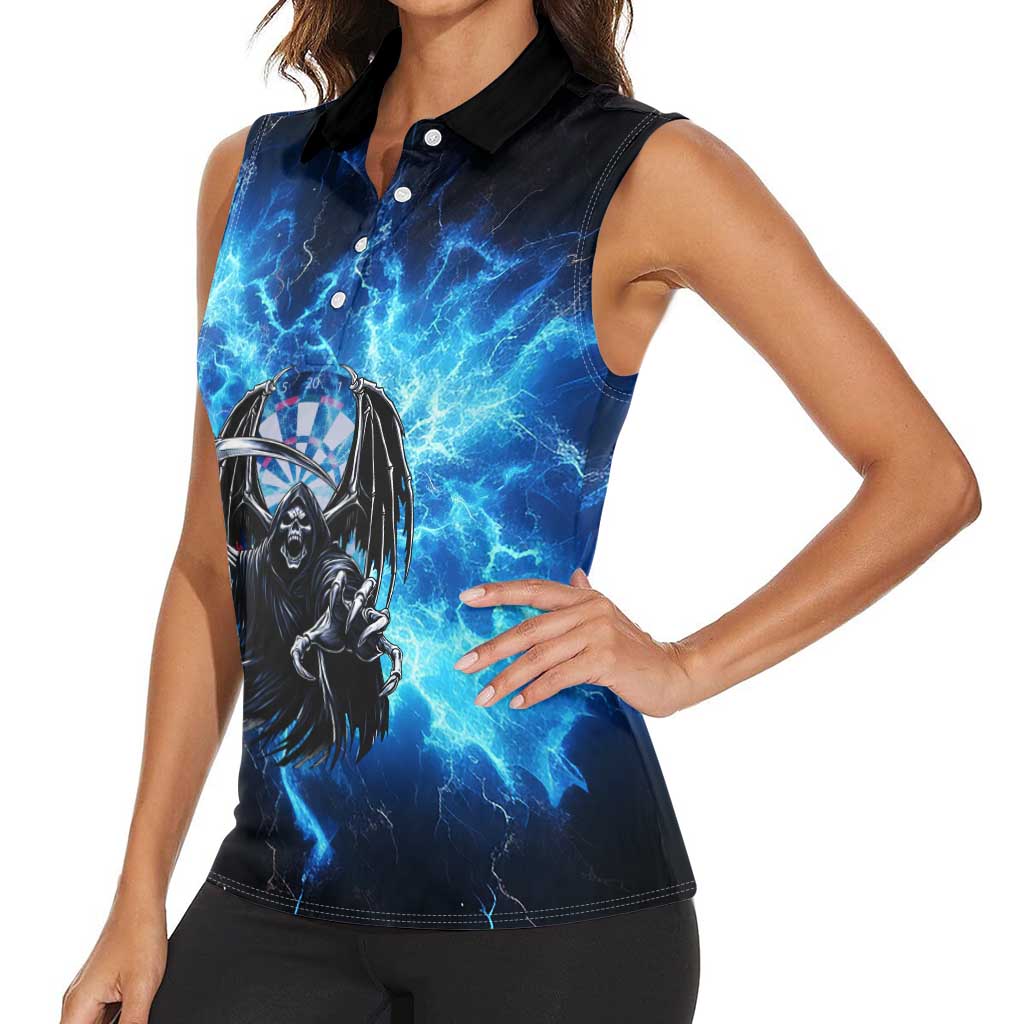 Custom Grim Reaper Bowling Women Sleeveless Polo Shirt with Blue Lightning Background - Wonder Print Shop