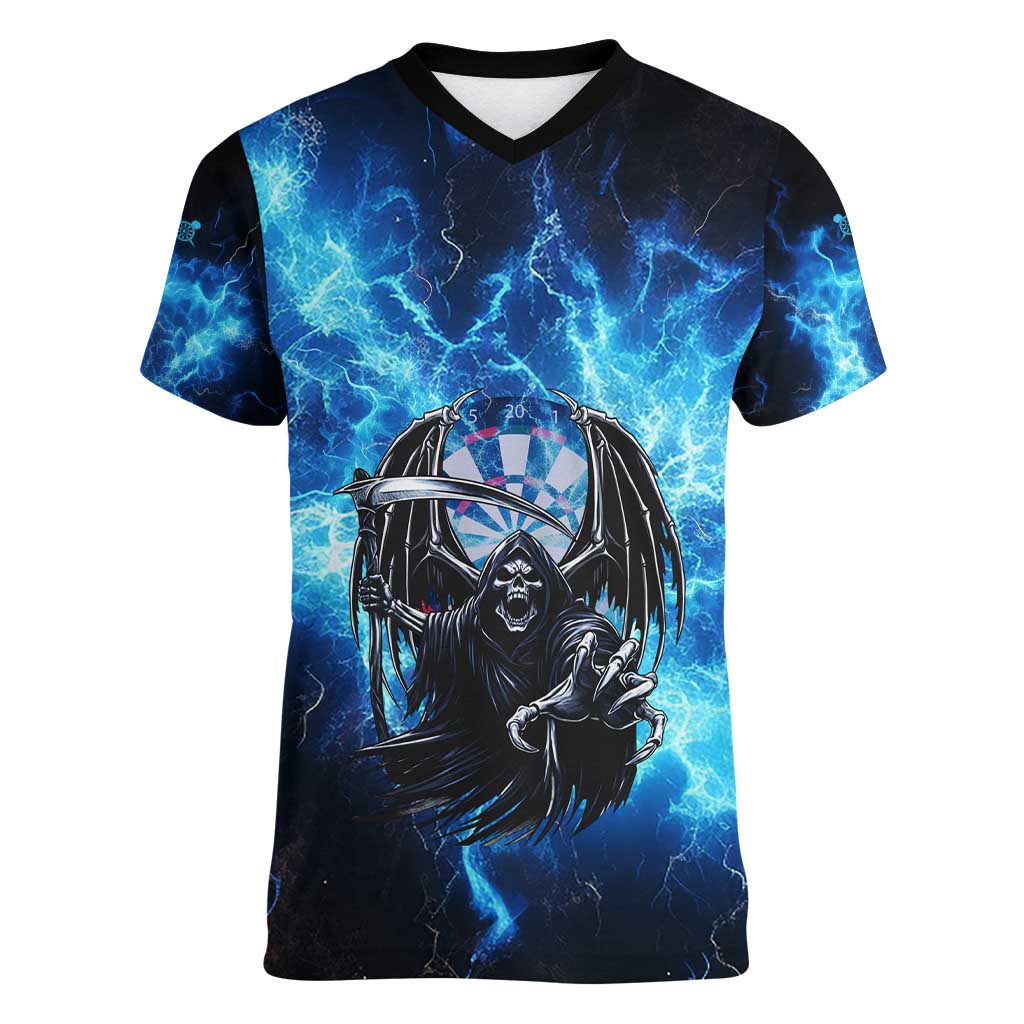 Custom Grim Reaper Bowling Women V-Neck T-Shirt with Blue Lightning Background - Wonder Print Shop