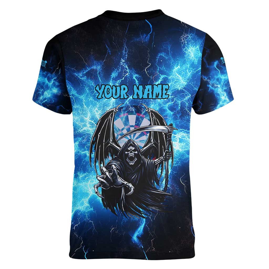Custom Grim Reaper Bowling Women V-Neck T-Shirt with Blue Lightning Background - Wonder Print Shop