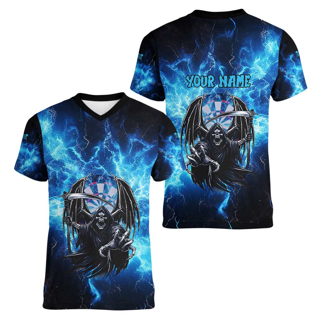 Custom Grim Reaper Bowling Women V-Neck T-Shirt with Blue Lightning Background - Wonder Print Shop