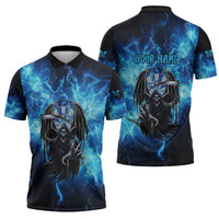Custom Grim Reaper Bowling Zipper Polo Shirt with Blue Lightning Background - Wonder Print Shop