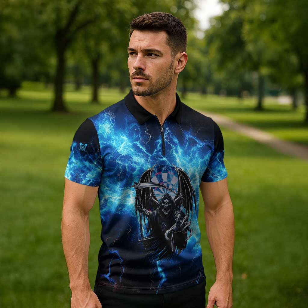 Custom Grim Reaper Bowling Zipper Polo Shirt with Blue Lightning Background - Wonder Print Shop