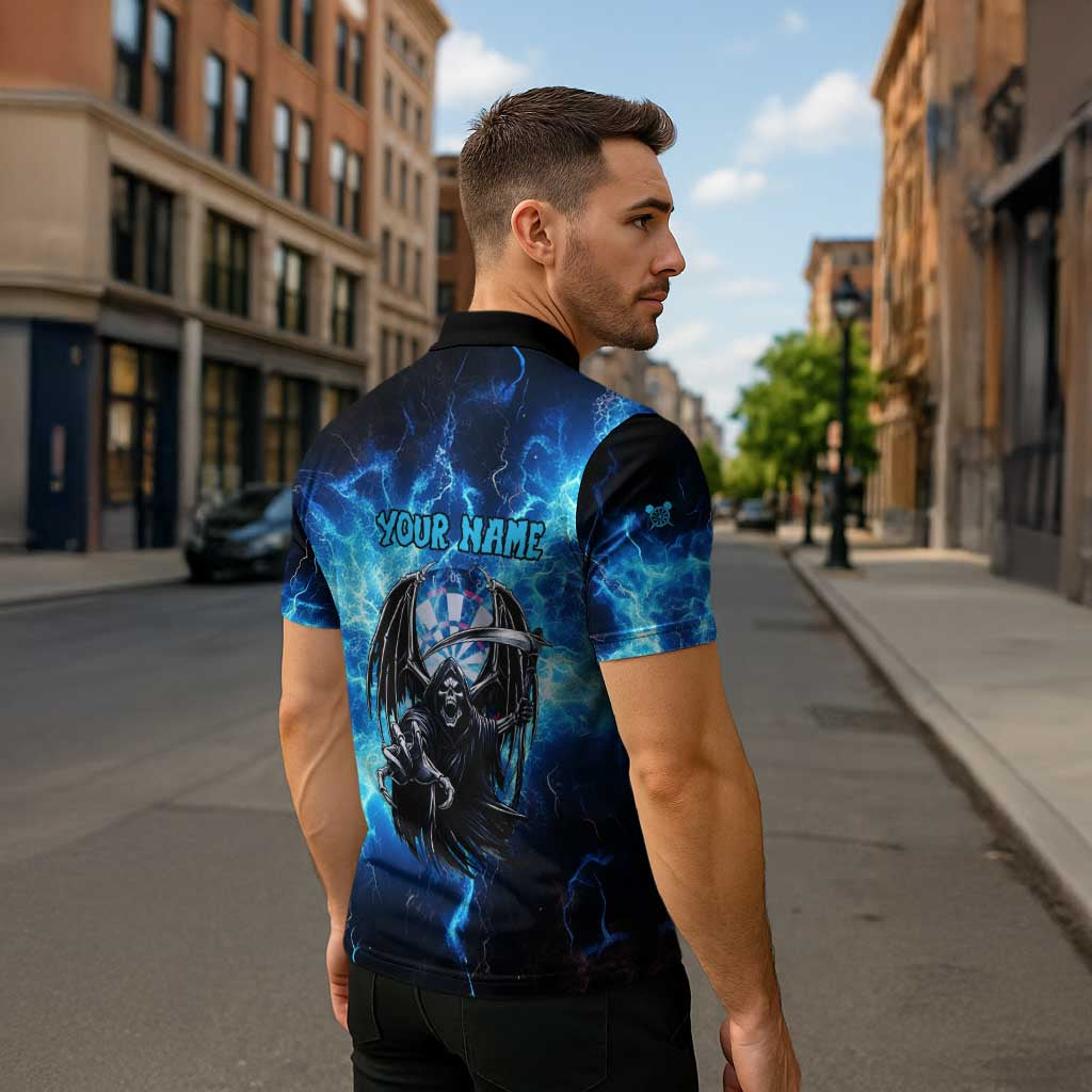 Custom Grim Reaper Bowling Zipper Polo Shirt with Blue Lightning Background - Wonder Print Shop