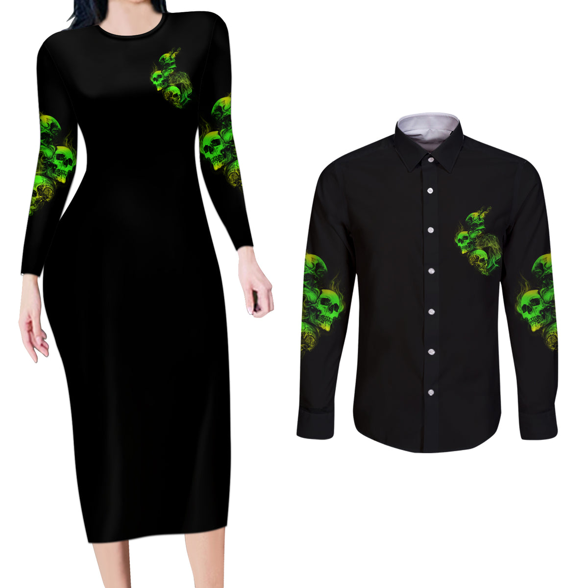 Stuck Between Idk Idc And Idgaf Skull Couples Matching Long Sleeve Bodycon Dress and Long Sleeve Button Shirt - Wonder Print Shop