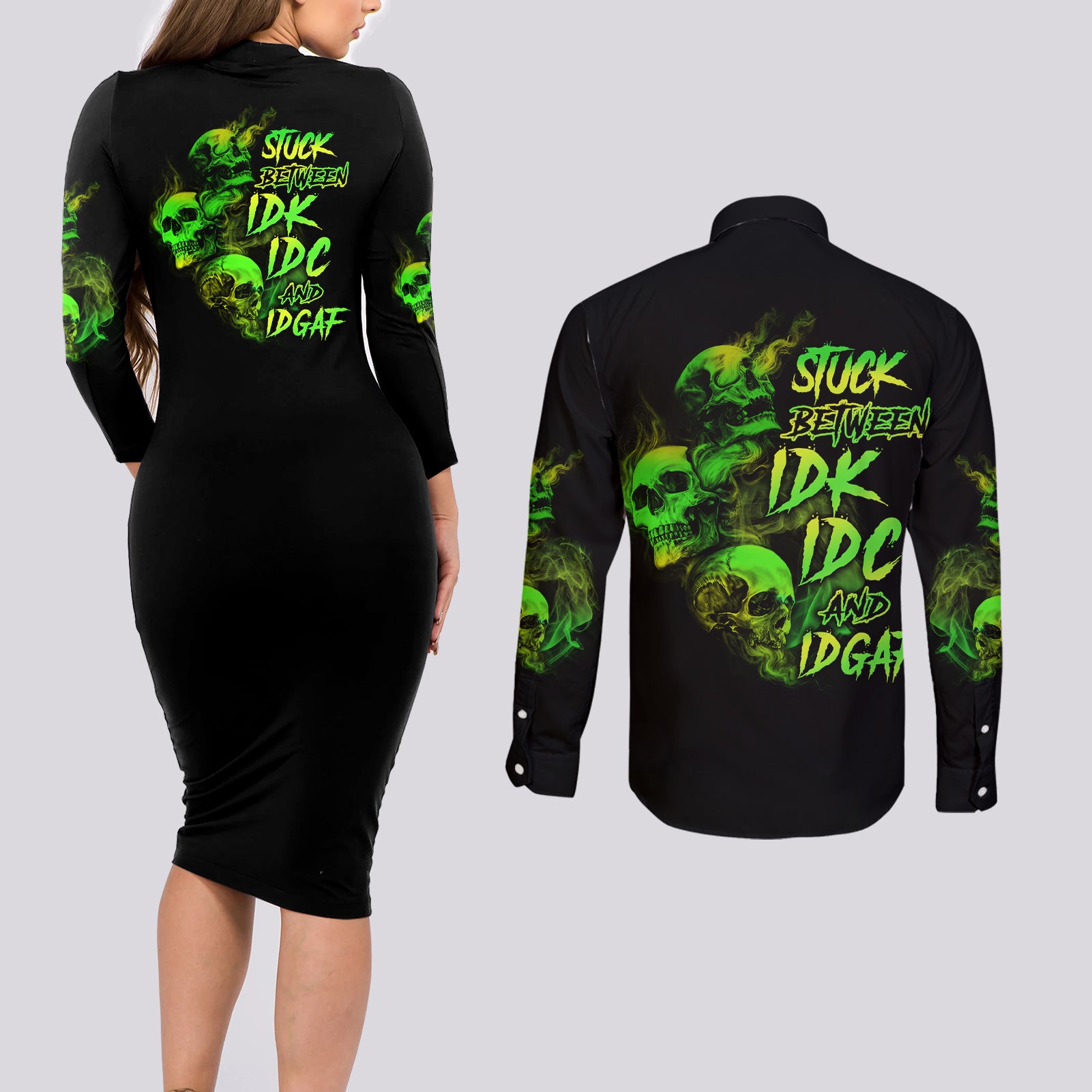 Stuck Between Idk Idc And Idgaf Skull Couples Matching Long Sleeve Bodycon Dress and Long Sleeve Button Shirt - Wonder Print Shop