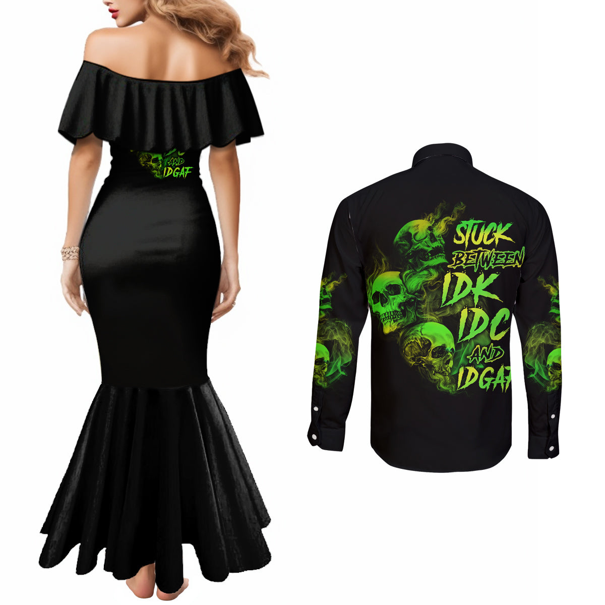 stuck-between-idk-idc-and-idgaf-skull-couples-matching-mermaid-dress-and-long-sleeve-button-shirt
