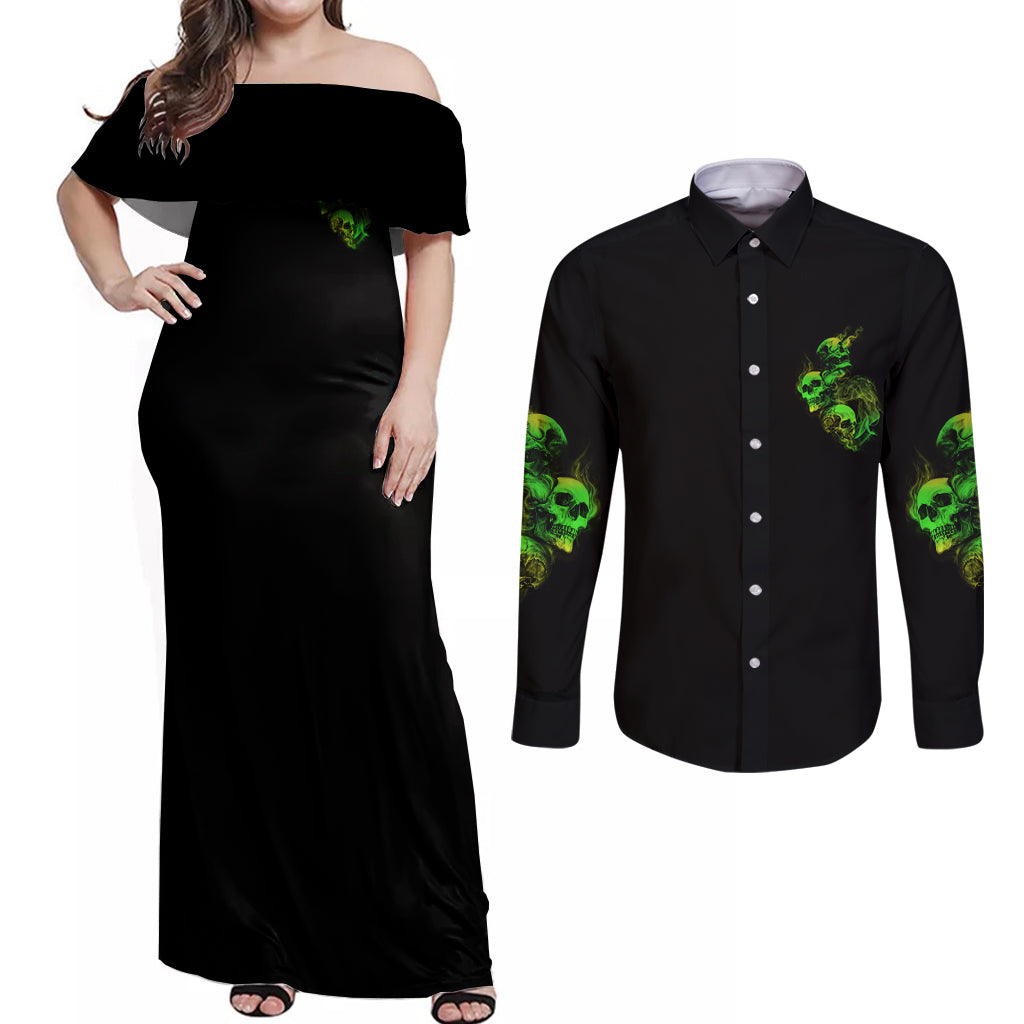 Stuck Between Idk Idc And Idgaf Skull Couples Matching Off Shoulder Maxi Dress and Long Sleeve Button Shirt - Wonder Print Shop