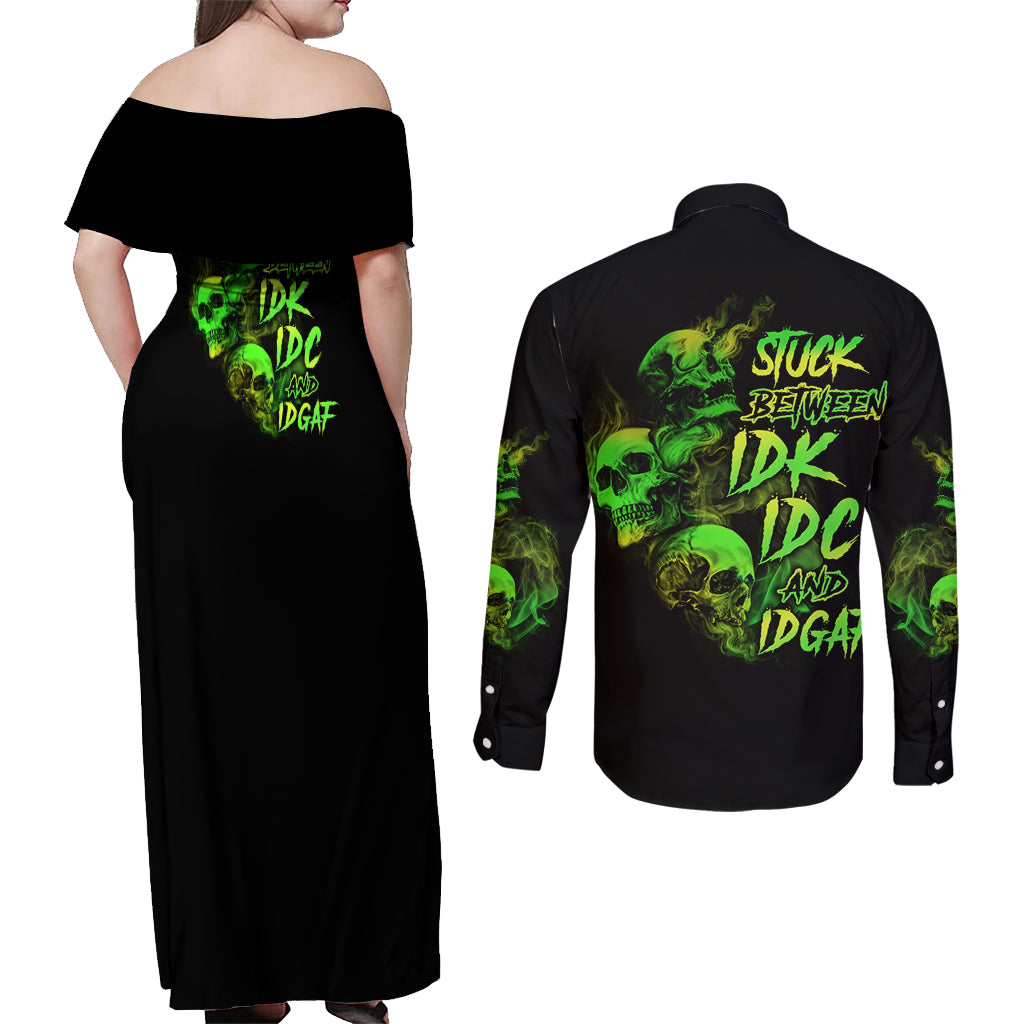 Stuck Between Idk Idc And Idgaf Skull Couples Matching Off Shoulder Maxi Dress and Long Sleeve Button Shirt - Wonder Print Shop