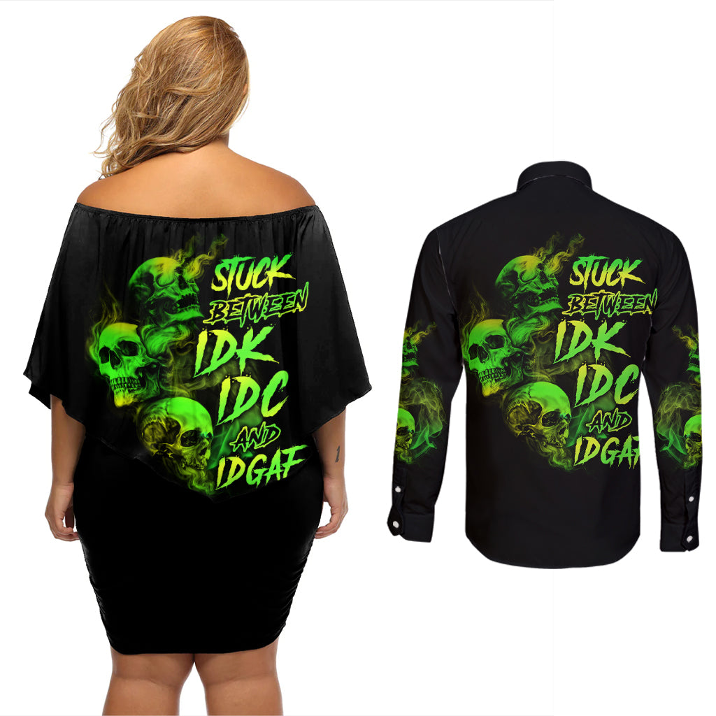 Stuck Between Idk Idc And Idgaf Skull Couples Matching Off Shoulder Short Dress and Long Sleeve Button Shirt - Wonder Print Shop