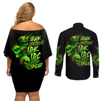 Stuck Between Idk Idc And Idgaf Skull Couples Matching Off Shoulder Short Dress and Long Sleeve Button Shirt - Wonder Print Shop