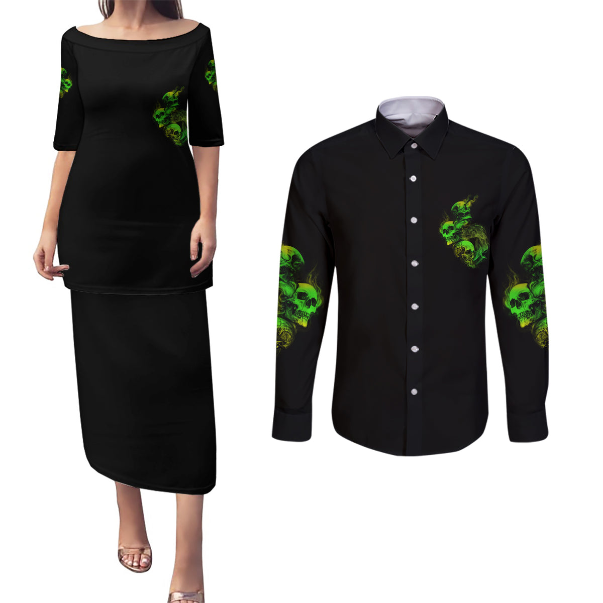 Stuck Between Idk Idc And Idgaf Skull Couples Matching Puletasi Dress and Long Sleeve Button Shirt - Wonder Print Shop