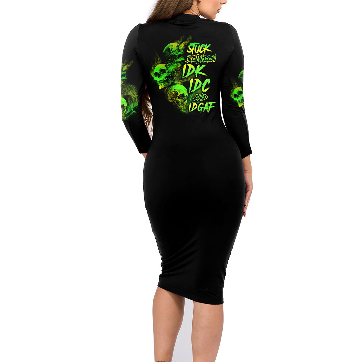 Stuck Between Idk Idc And Idgaf Skull Family Matching Long Sleeve Bodycon Dress and Hawaiian Shirt - Wonder Print Shop