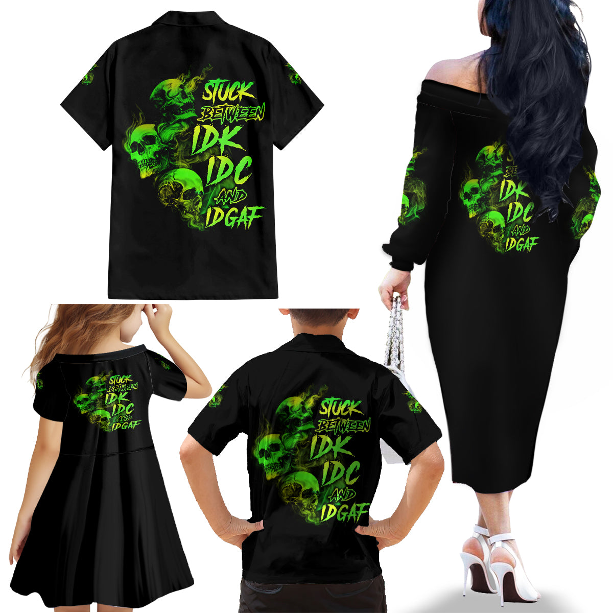 Stuck Between Idk Idc And Idgaf Skull Family Matching Off Shoulder Long Sleeve Dress and Hawaiian Shirt - Wonder Print Shop