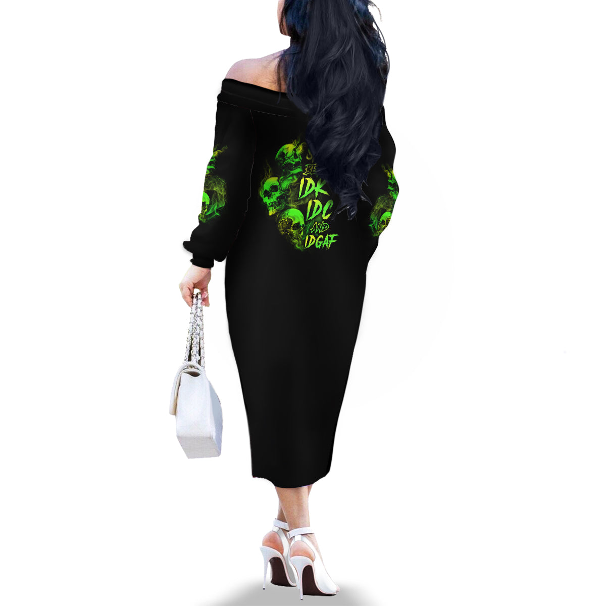 Stuck Between Idk Idc And Idgaf Skull Family Matching Off Shoulder Long Sleeve Dress and Hawaiian Shirt - Wonder Print Shop