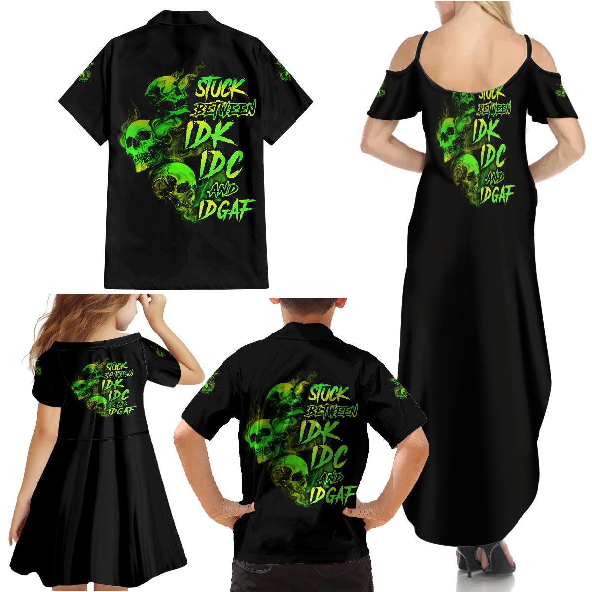 Stuck Between Idk Idc And Idgaf Skull Family Matching Summer Maxi Dress and Hawaiian Shirt - Wonder Print Shop