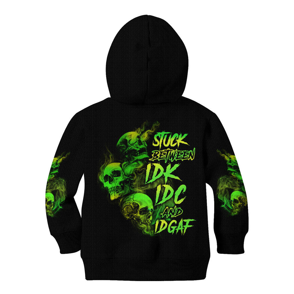 Stuck Between Idk Idc And Idgaf Skull Kid Hoodie - Wonder Print Shop