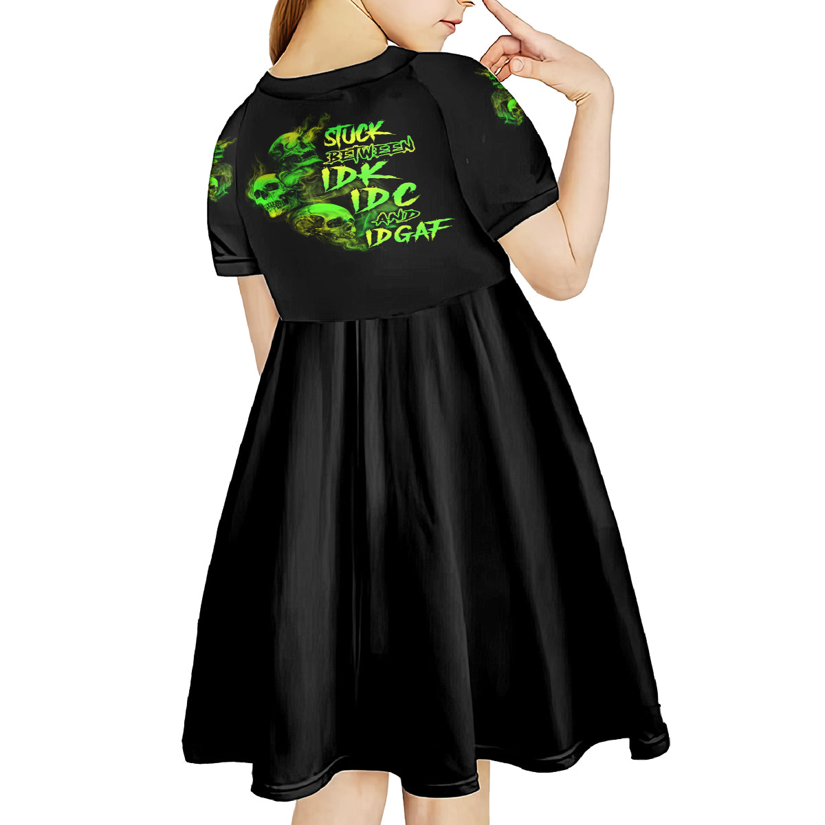 Stuck Between Idk Idc And Idgaf Skull Kid Short Sleeve Dress - Wonder Print Shop