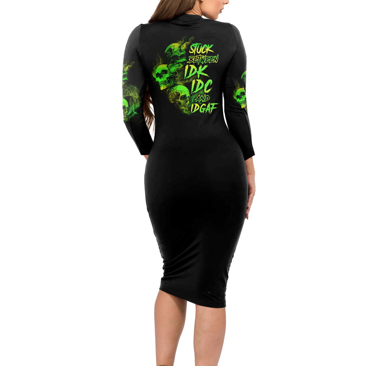 Stuck Between Idk Idc And Idgaf Skull Long Sleeve Bodycon Dress - Wonder Print Shop