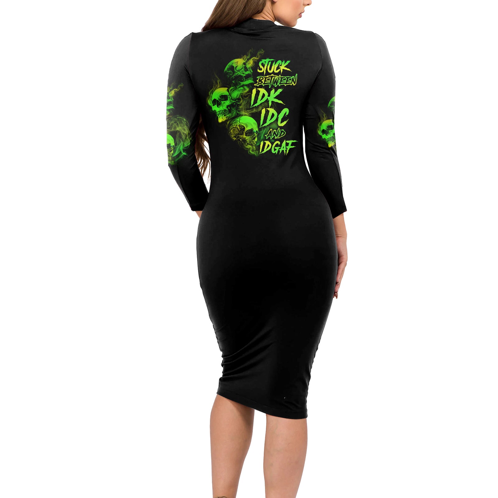 Stuck Between Idk Idc And Idgaf Skull Long Sleeve Bodycon Dress - Wonder Print Shop
