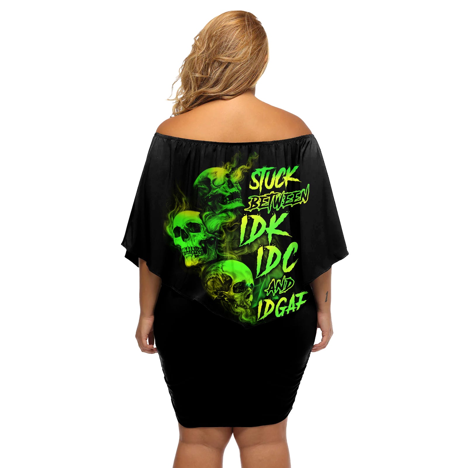 Stuck Between Idk Idc And Idgaf Skull Off Shoulder Short Dress - Wonder Print Shop