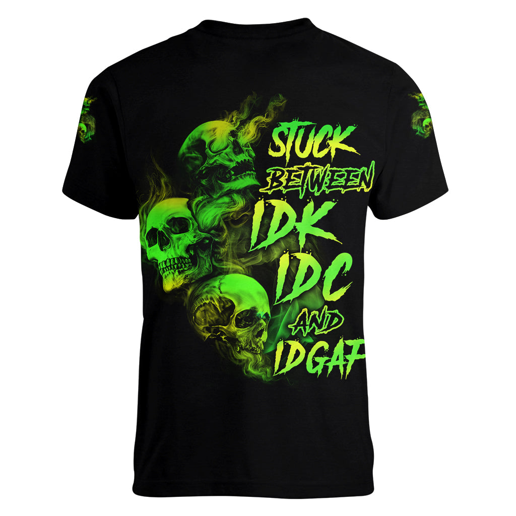 Stuck Between Idk Idc And Idgaf Skull Women V Neck T Shirt - Wonder Print Shop